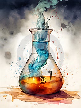ÃÂ¡lose-up of a glass flask for chemical experiments with smoke coming out of it in a highly detailed watercolor style. AI photo